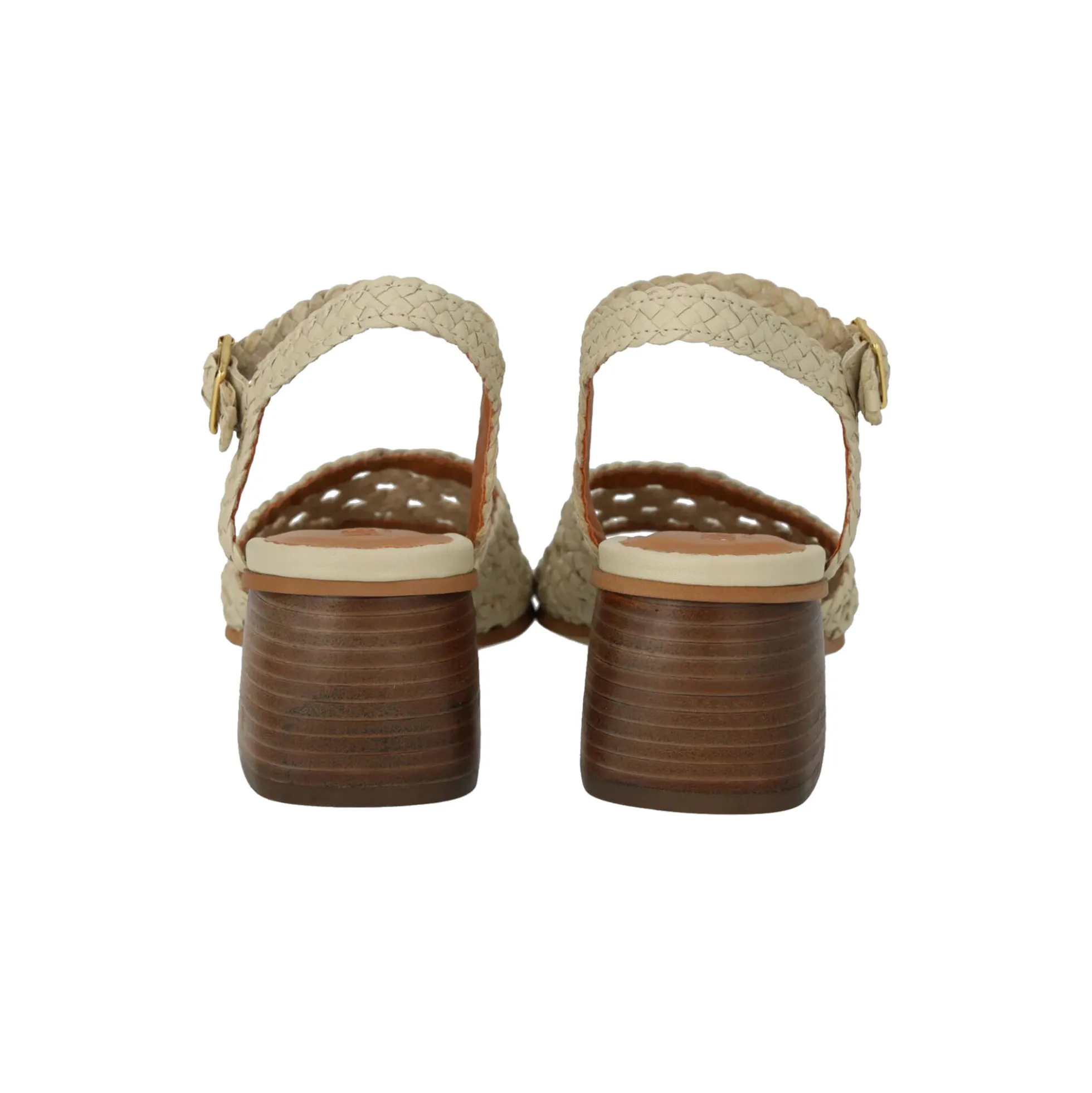 Håndflettet sandal med skulpturel hæl, buttermilk