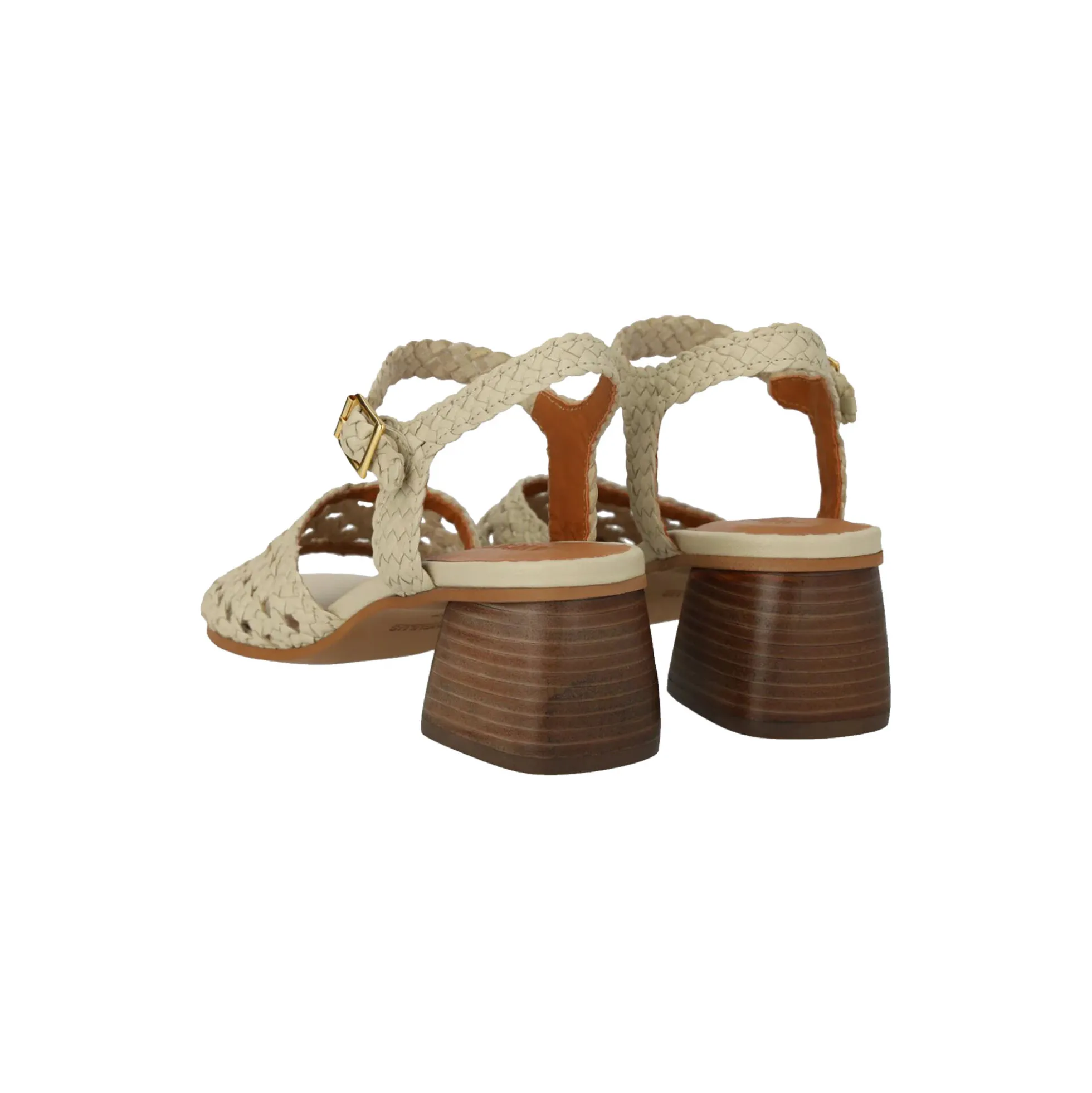 Håndflettet sandal med skulpturel hæl, buttermilk