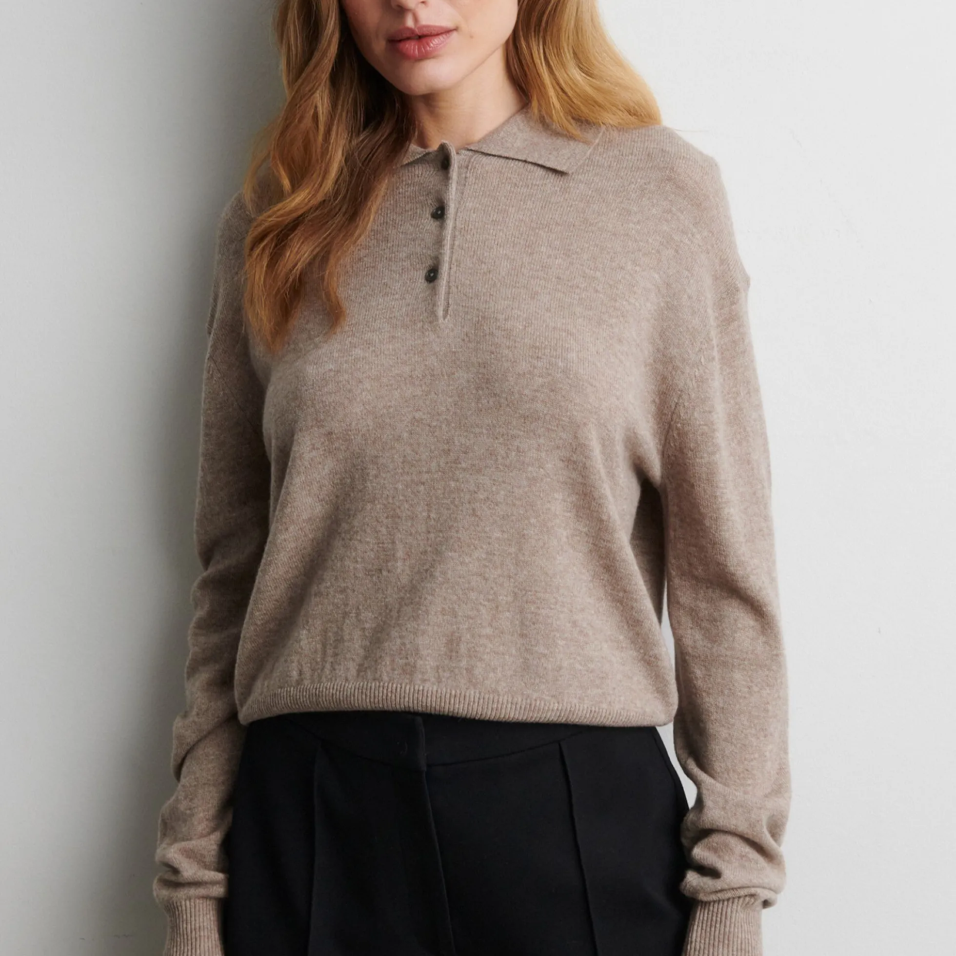 Longo Knit LS Collar, mid brown melange