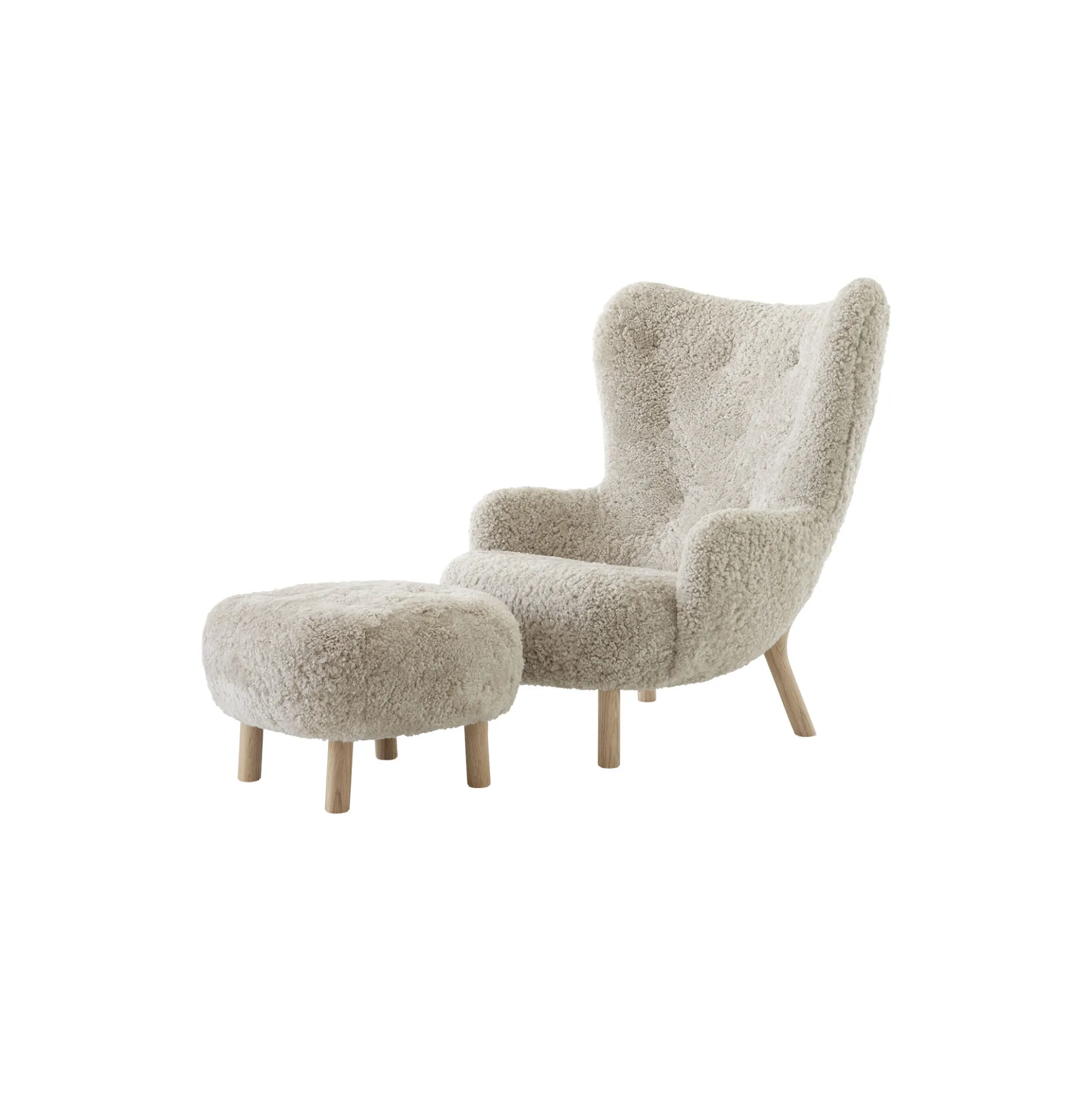 Petra VB3 Lounge Chair and ATD1 Pouf, Sheepskin Moonlight/oiled oak