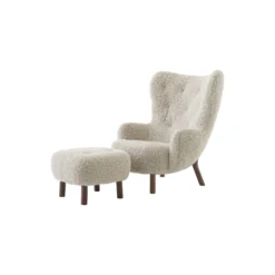 Petra VB3 Lounge Chair and ATD1 Pouf, Sheepskin Moonlight/oiled walnut