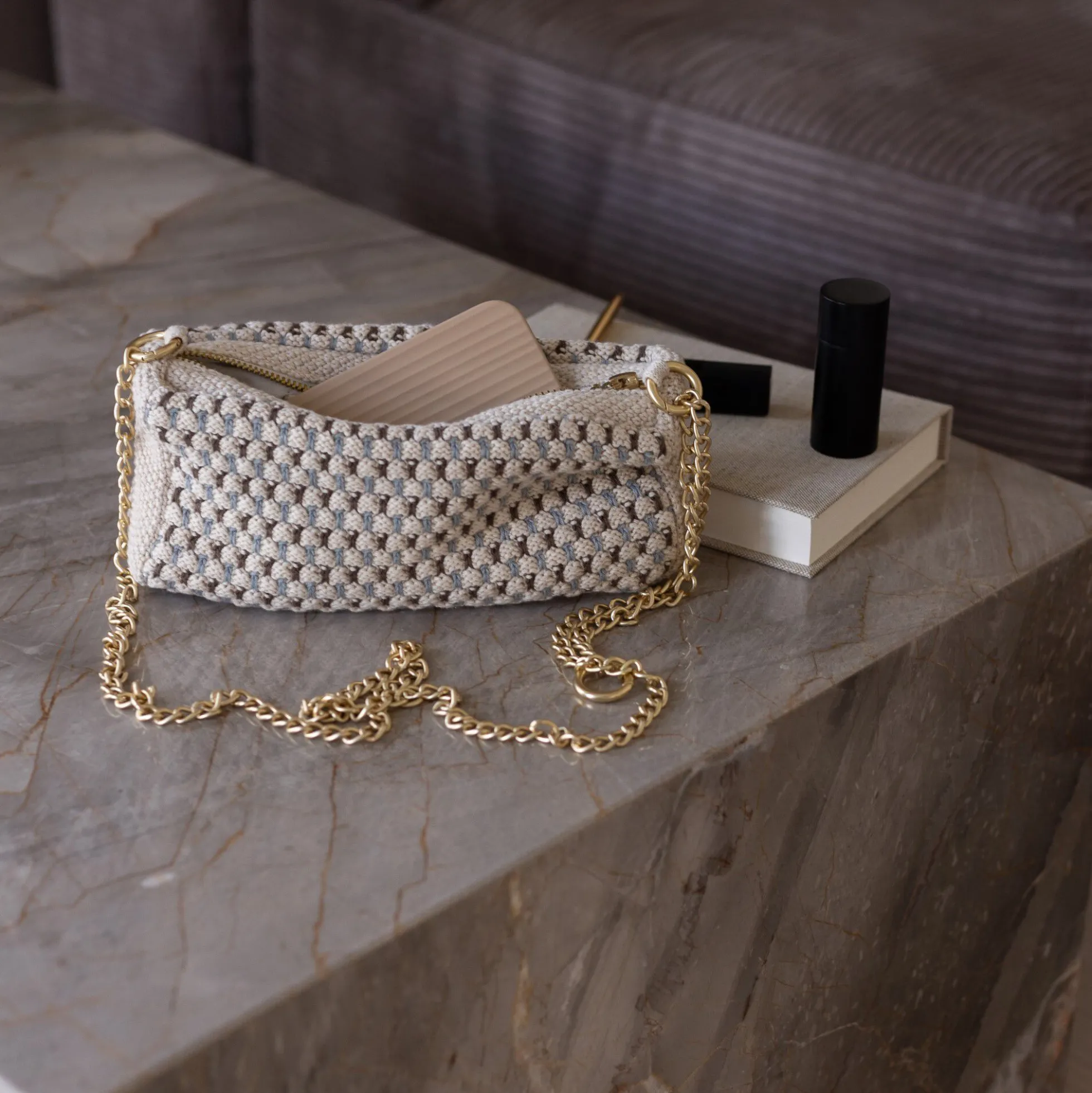 Strikket Clutch Kæde Multi, beige-blue-brown