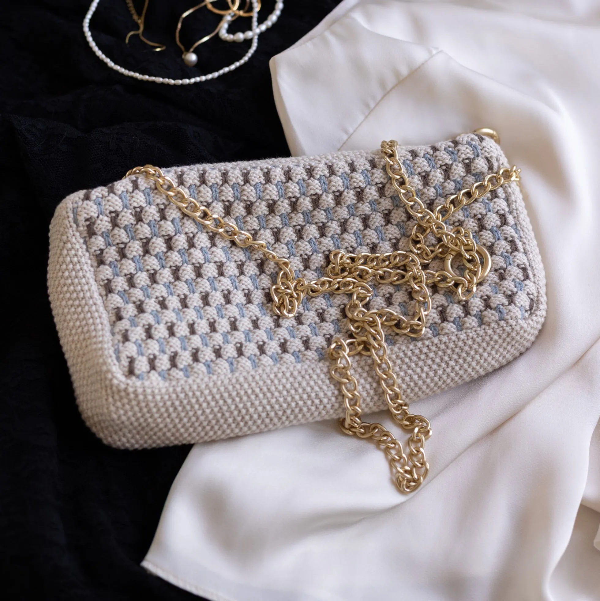 Strikket Clutch Kæde Multi, beige-blue-brown