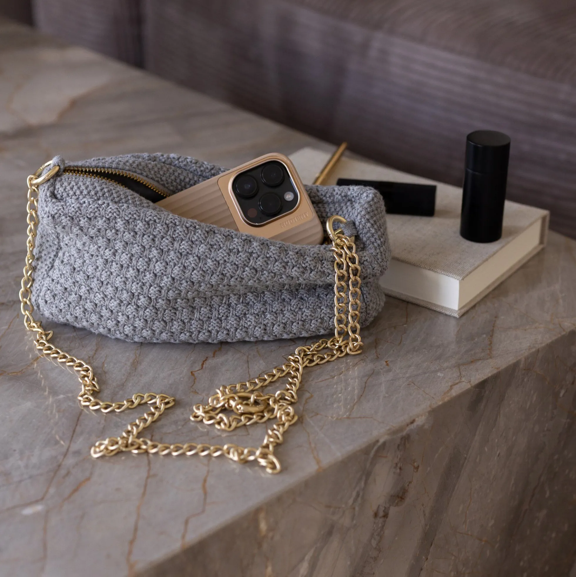 Strikket Clutch Kæde Petra, med grey melange