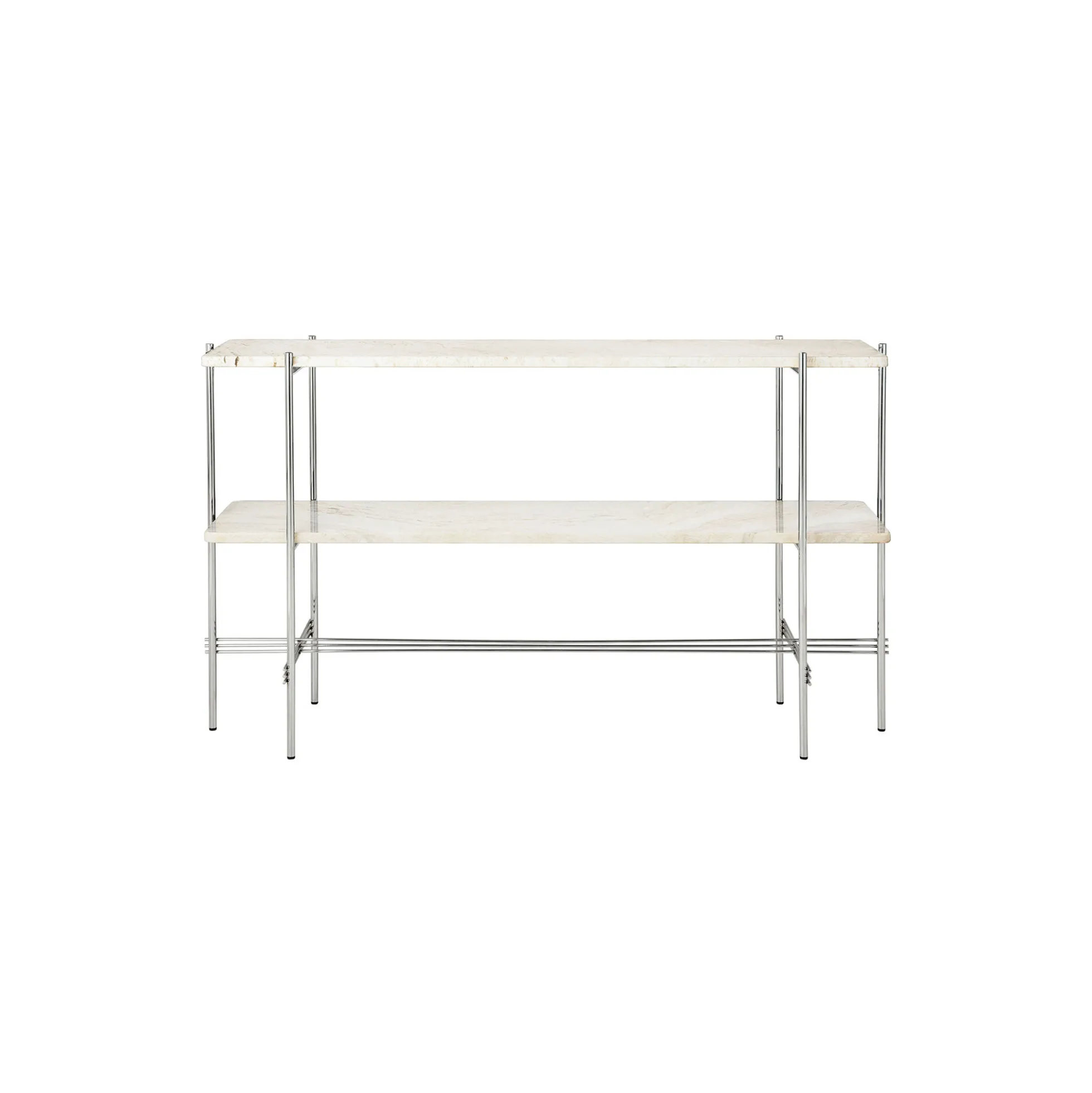 TS Console with 2 Racks, neutral white travertine/steel