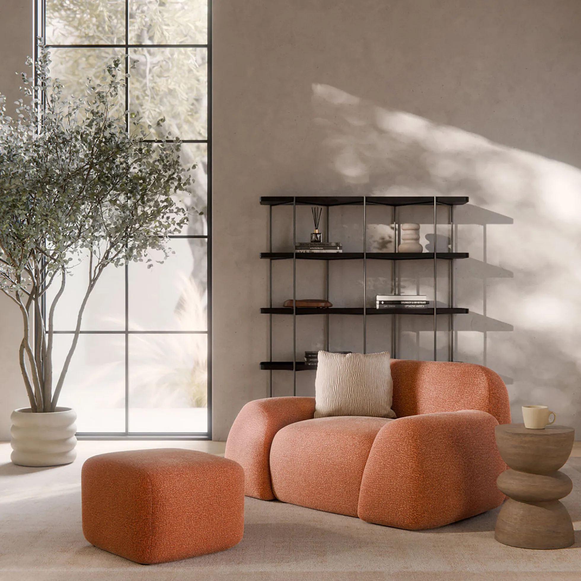 Wolke Lounge Chair, velvety woven terracotta