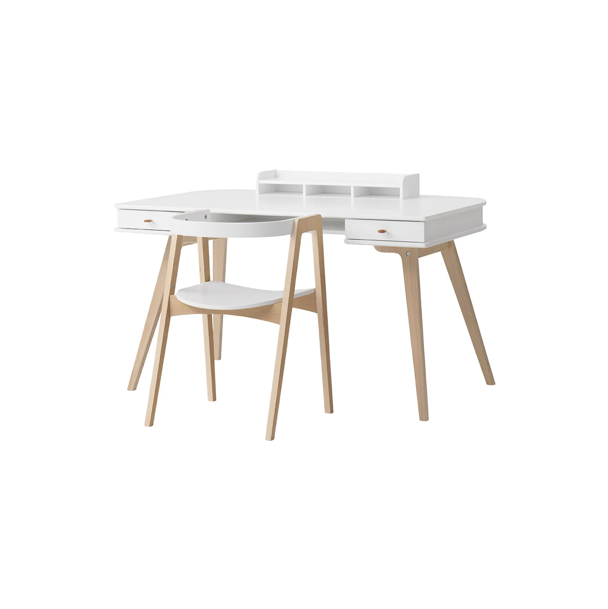 Wood skrivebord 66 cm & armstol sæt, hvid/eg