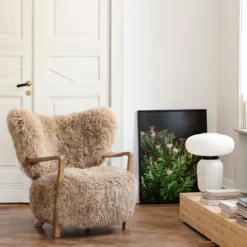 Wulff ATD2 Lounge Chair and ATD3 Pouf, Sheepskin honey/oiled oak