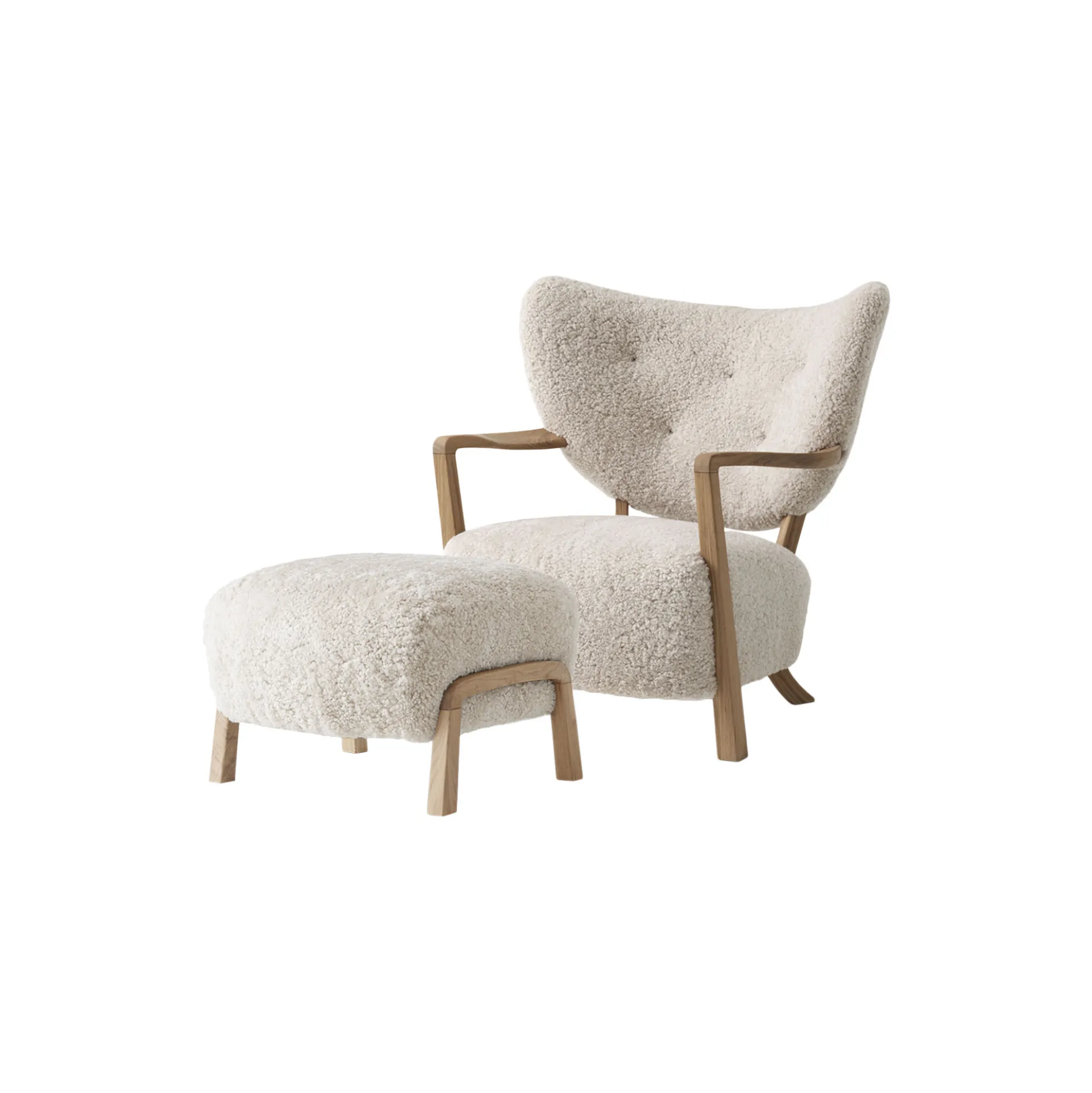 Wulff ATD2 Lounge Chair and ATD3 Pouf, Sheepskin moonlight/oiled oak
