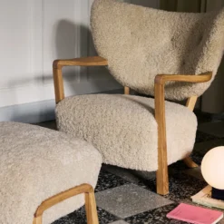 Wulff ATD2 Lounge Chair and ATD3 Pouf, Sheepskin moonlight/oiled oak